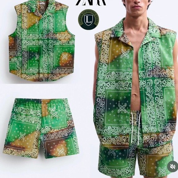 Zara Other - Zara Mens Bandana Print Set Green Paisley Sleeveless Shirt Swim Shorts Large NEW